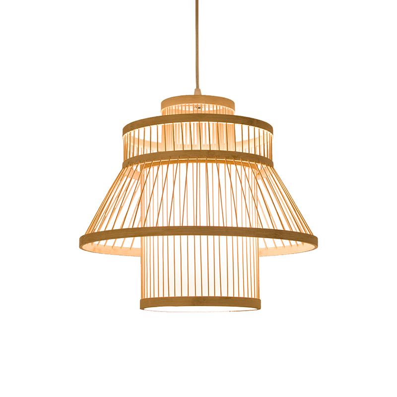 Tiered Suspension Lighting Minimalist Bamboo 1 Head Restaurant Pendant Ceiling Light in Wood