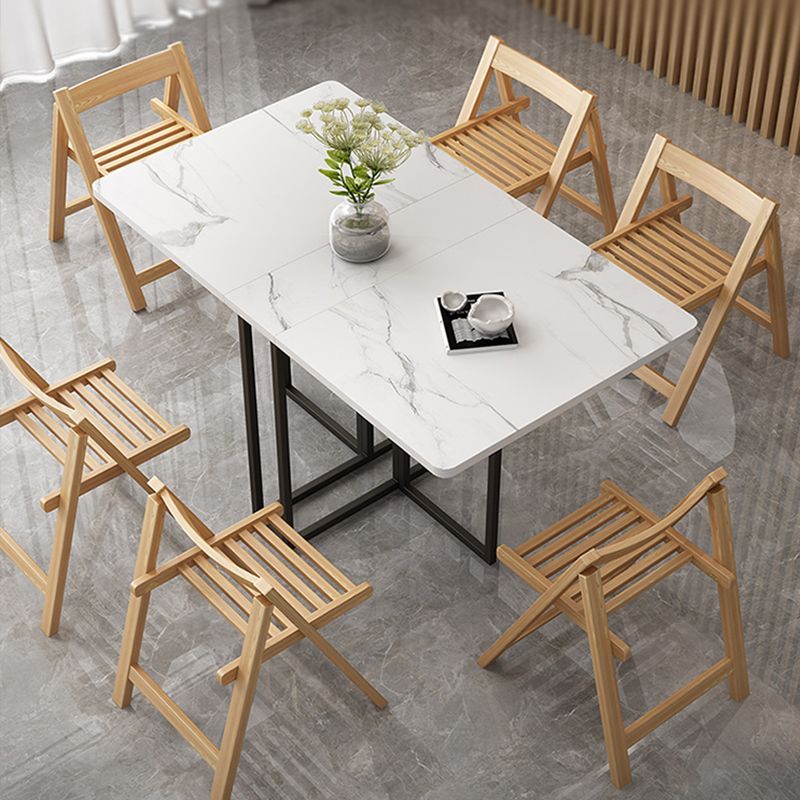 Foldable Artificial Wooden Top Dining Table Extendable Rectangle Table with Trestle Base