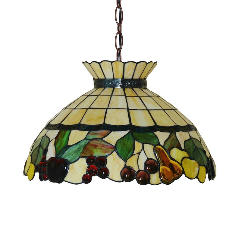 Black 3 Lights Chandelier Baroque Yellow Stained Glass Domed Shade Pendant Lighting