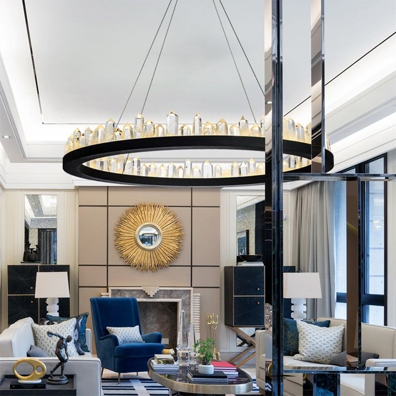Lampadante a pendente ad anello di cristallo LED contemporaneo LED Nero appeso al soffitto in luce calda/bianca per soggiorno