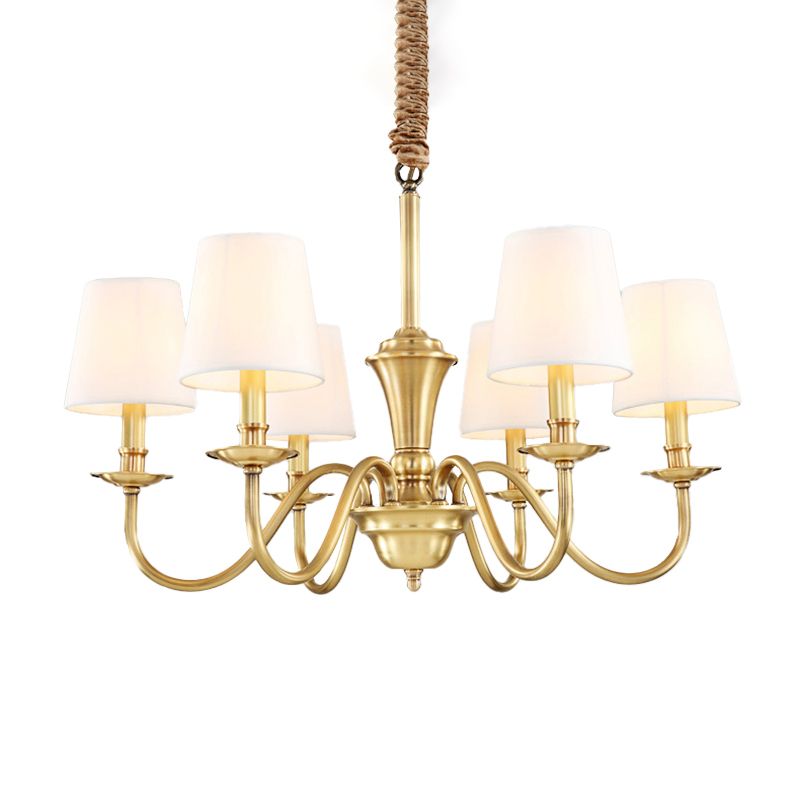 Gold 6/8-Light Hanging Chandelier Colonial Style Fabric Conical Suspension Pendant Light
