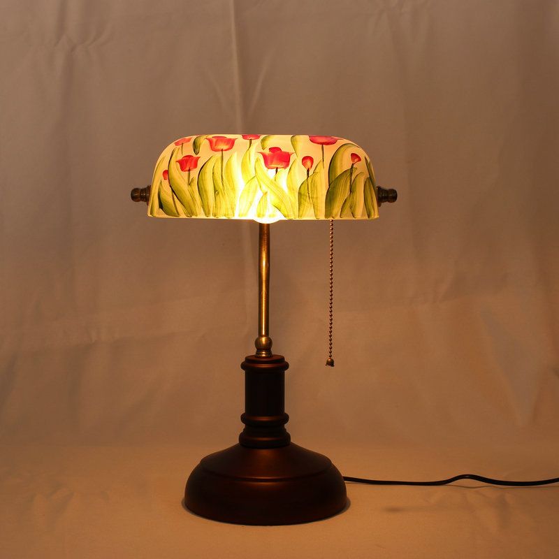 1 Glühbirne Grüne Glas Tisch Beleuchtung koreanischer Garten Rotbraune Blumenbuschmuster Schlafzimmer Nachttisch Lampe mit Pull -Kette