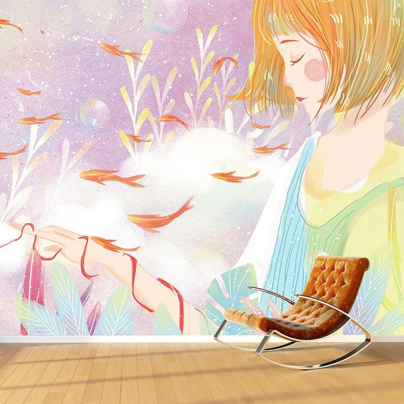 Girl Under Sea Wallpaper Mural Cartoon Waterproofing Bedroom Wall Art, Custom Size Available