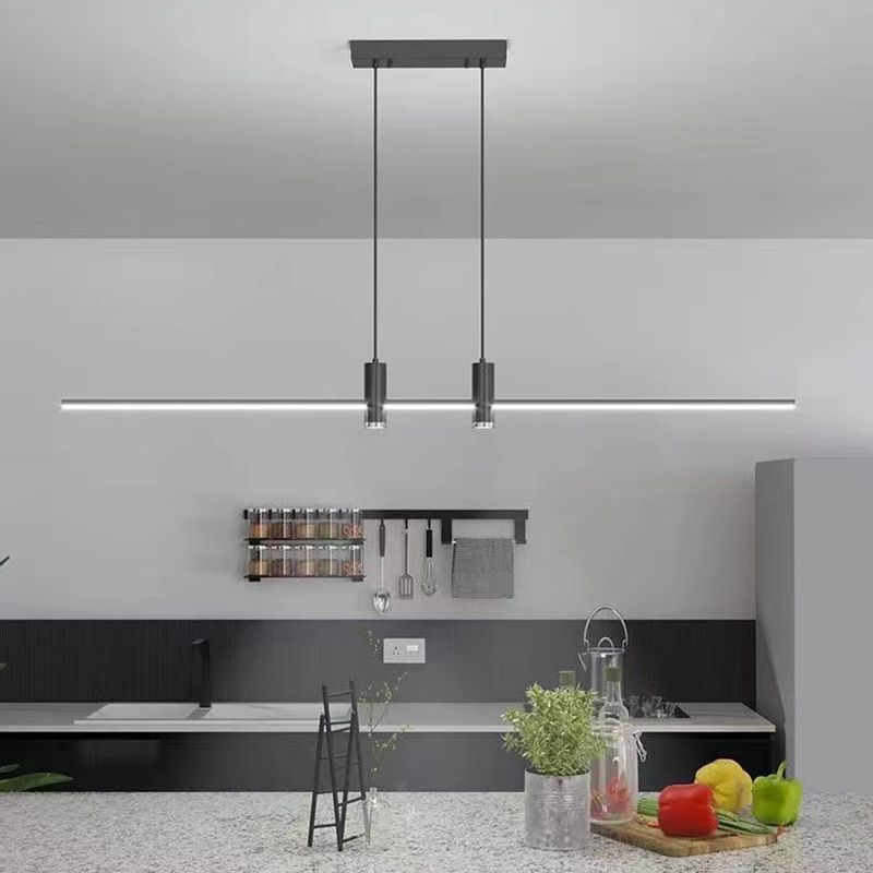 Minimalist Linear Island Chandelier Light Metal Dinning Room LED Hanging Chandelier in Black