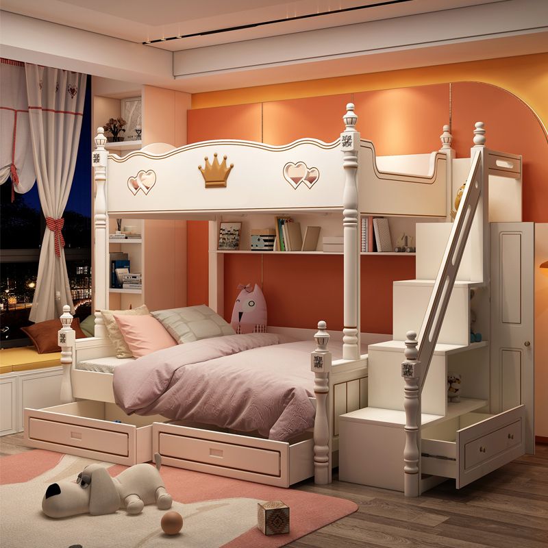 Contemporary Bunk Bed Solid Wood White Princess with Guardrail Headboard