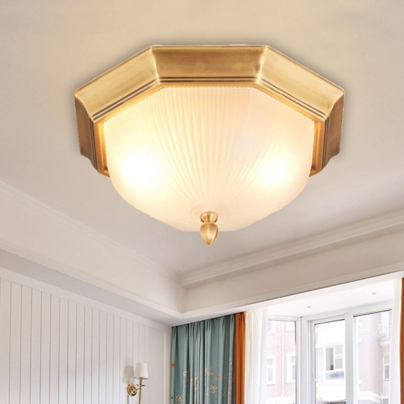 Classic Style Domed Ceiling Light 2 Bulbs Fluted Glass Flush Mount Lighting in Black and Gold/Brass