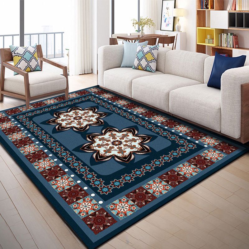 Blue Bedroom Rug Moroccan Floral Dots Rectangle Print Rug Polyester Non-Slip Carpet