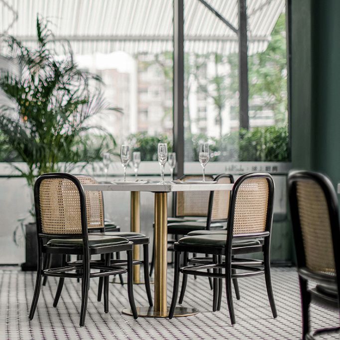 Metal Industrial Pedestal Dining Table Marble Top Table for Dining Room