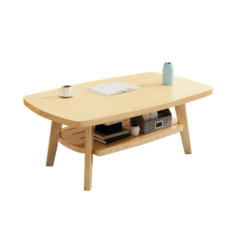 Nordic Style Rectangular 4 Legs Base Solid Wood Table with Storage Rack Coffee Table