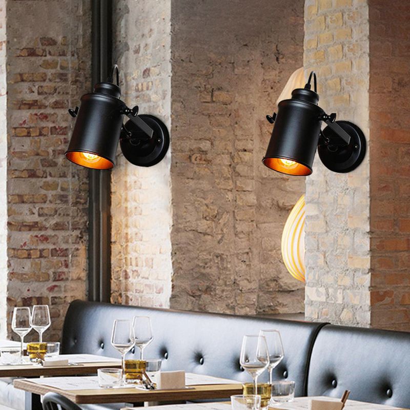 Winkel einstellbarer industrieller Wandlampe 1-Licht Metallzylindrischer Schatten Vintage Leuchten in Schwarz in Schwarz