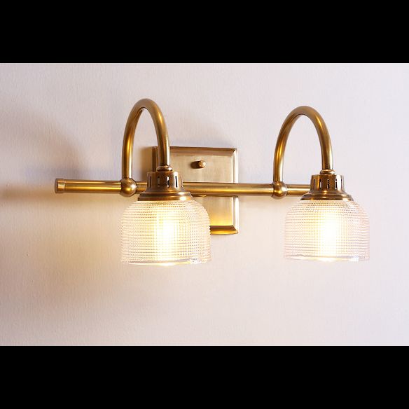 Brass Armed Vanity Light Fixture American Style Vanity Mirror Lights in Prismatic Glass Shade