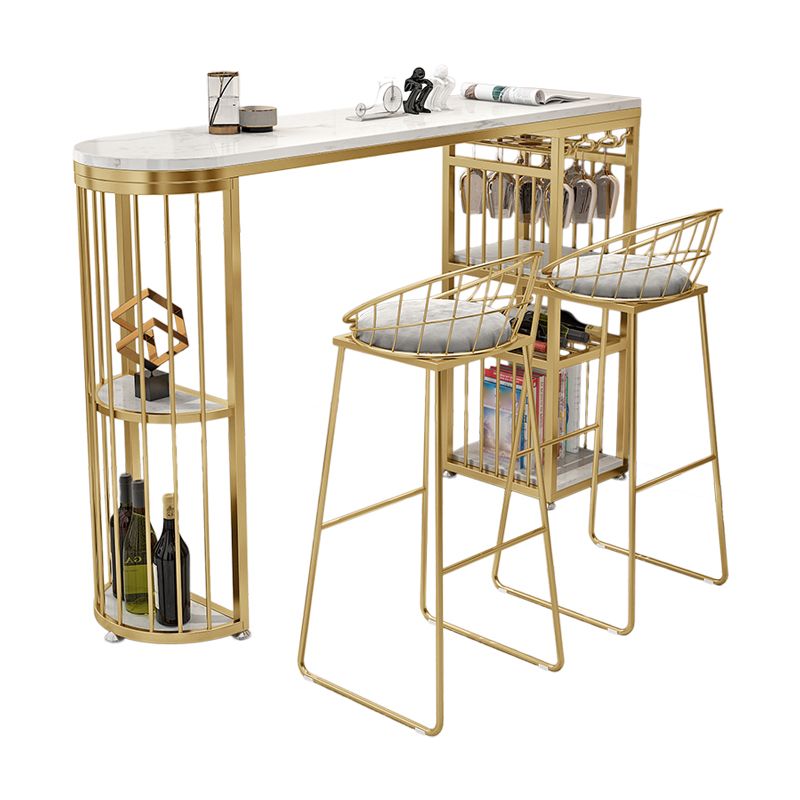 Glam White Marble Bar Dining Table Metal Double Pedestal Bistro Table with Shelve