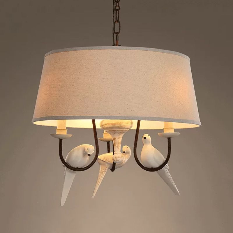 Fabric Beige Pendant Lamp Drum 3 Lights Vintage Chandelier Light Fixture for Bedroom with Bird