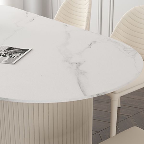 Oval Sintered Stone White Tone Dining Table Simplicity Double Pedestal Table for Dining Room
