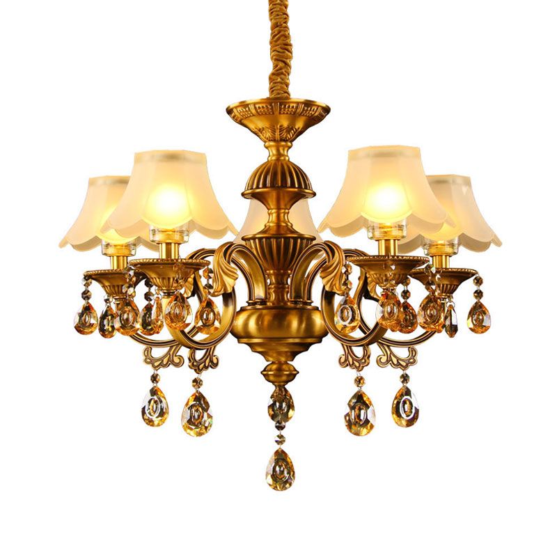Tapered Shade Pendant Chandelier Mid Century 5-Light Faceted Crystal Finial Ceiling Hang Fixture in Brass