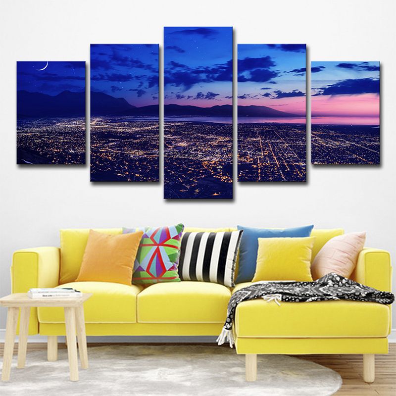 Purple Night Aerial View Canvas Print Luminous Cityscapes Modern Multi-Piece Wall Art
