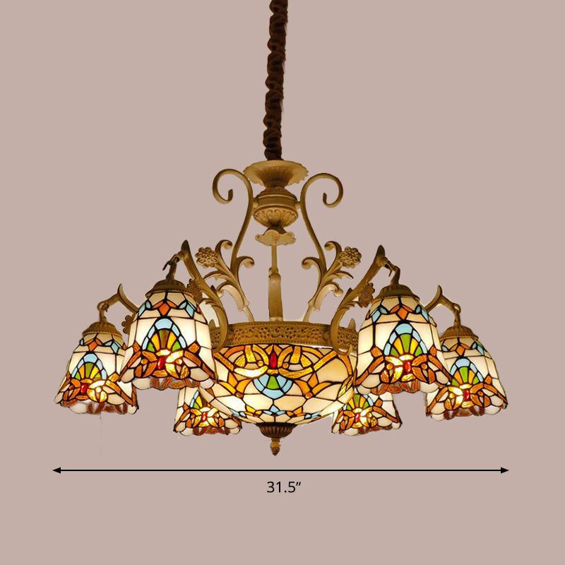 Flower Chandelier Light Tiffany Stained Glass 9/11 Lights White and Gold Suspension Lighting