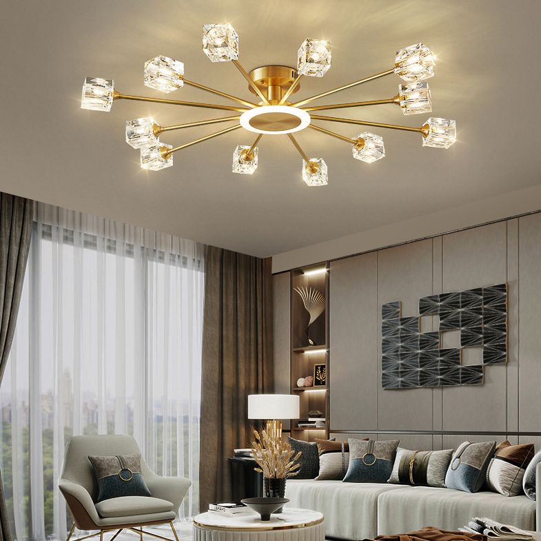 Square Crystal Shade Semi Flush Mount in Modern Luxury Style Sputnik Metal Ceiling Light for Living Room