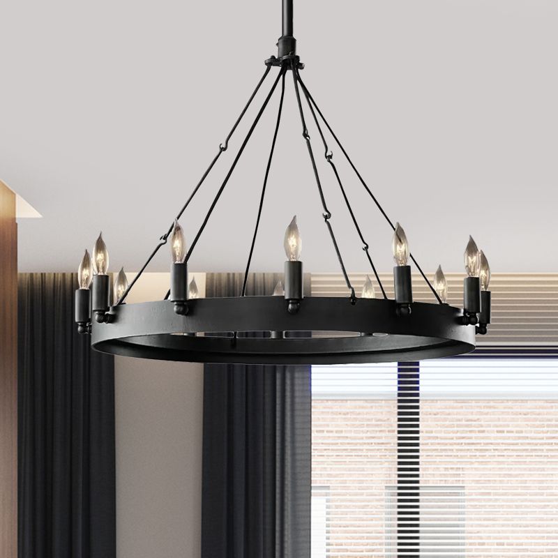 12/18 Light Round Hanging Chandelier Traditional Black Metal Pendant Light avec conception de bougies