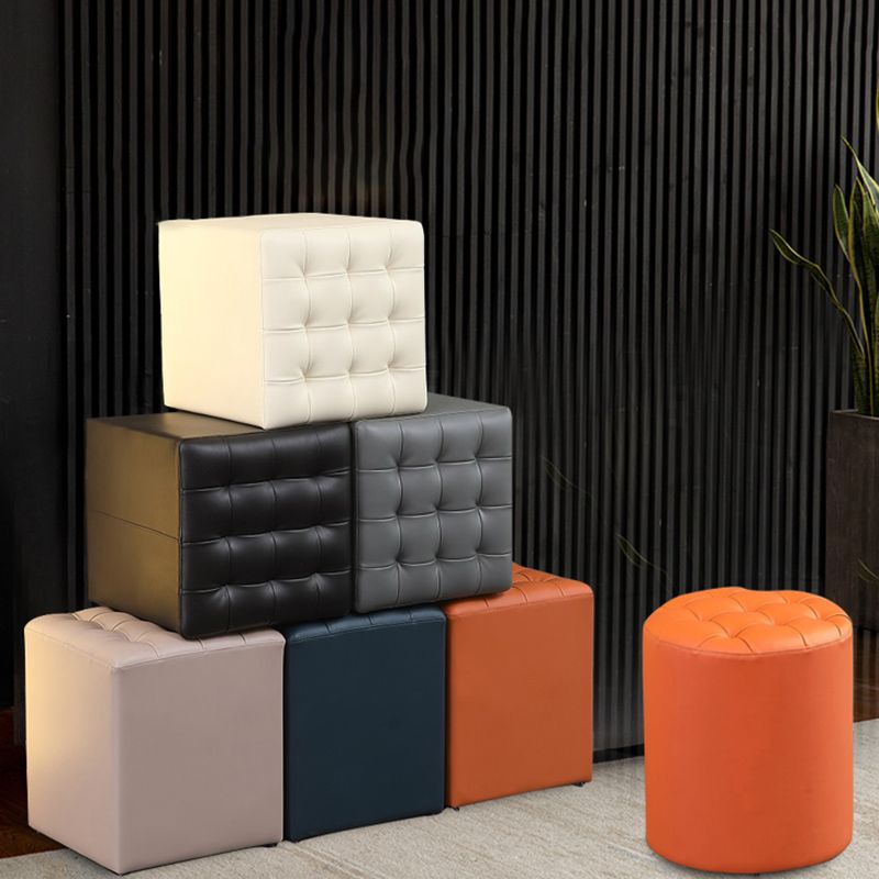 Contemporary Pouf Ottoman Genuine Leather Upholstered Tufted Solid Color Ottoman