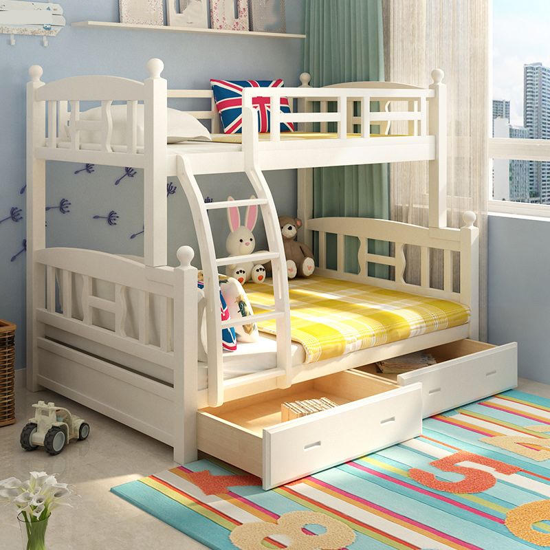 Solid Wood Bunk Bed Modern Style White Bunk Bed with Guardrail
