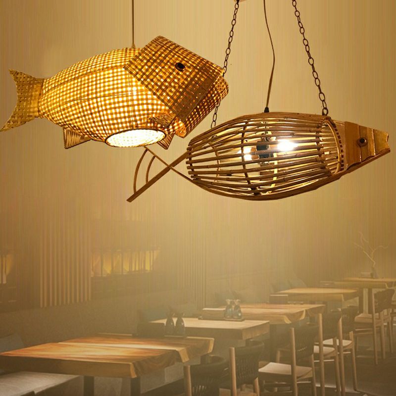 Bamboo Woven Fish Shaped Pendant Ceiling Light Asian 1-Bulb Beige Suspension Lighting for Restaurant
