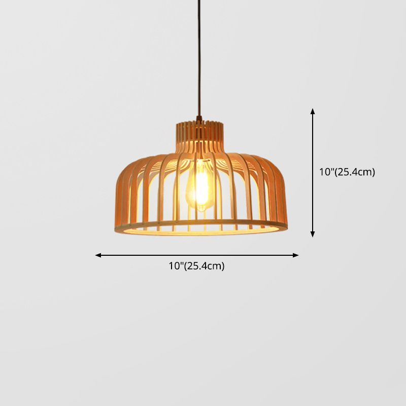 Cage Shaped Wooden Pendant Minimalism 1 Bulb Beige Suspension Lighting for Restaurant