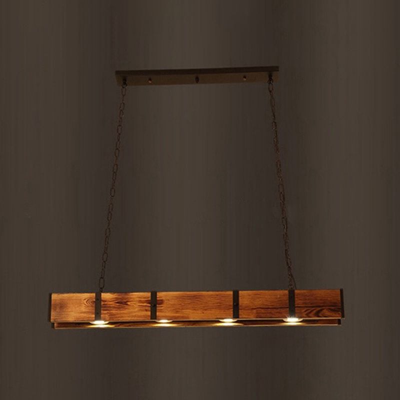 Rectangular Wooden LED Island Pendant Light in Industrial Vintage Style Wrought Iron Ceiling Light in Log Color