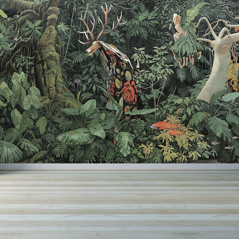 Tropical Jungle Savage Wall Mural Green Water Resistant Wall Covering for Living Room