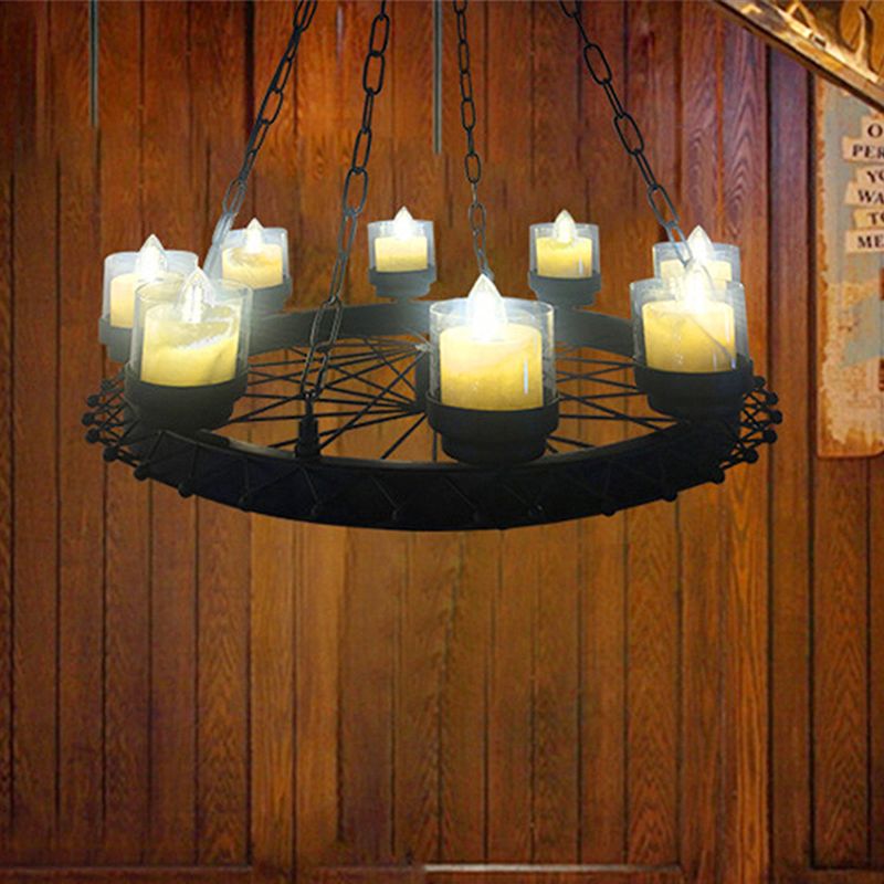 Vintage Candle Ceiling Light Fixture with Cylinder Shade and Wheel 8-Light Iron Chandelier Lighting in Black for Restaurant
