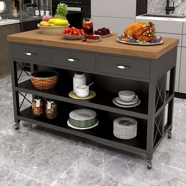 Modern Style Rolling Kitchen Cart Metal Rectangular Kitchen Island Cart with Open Storage