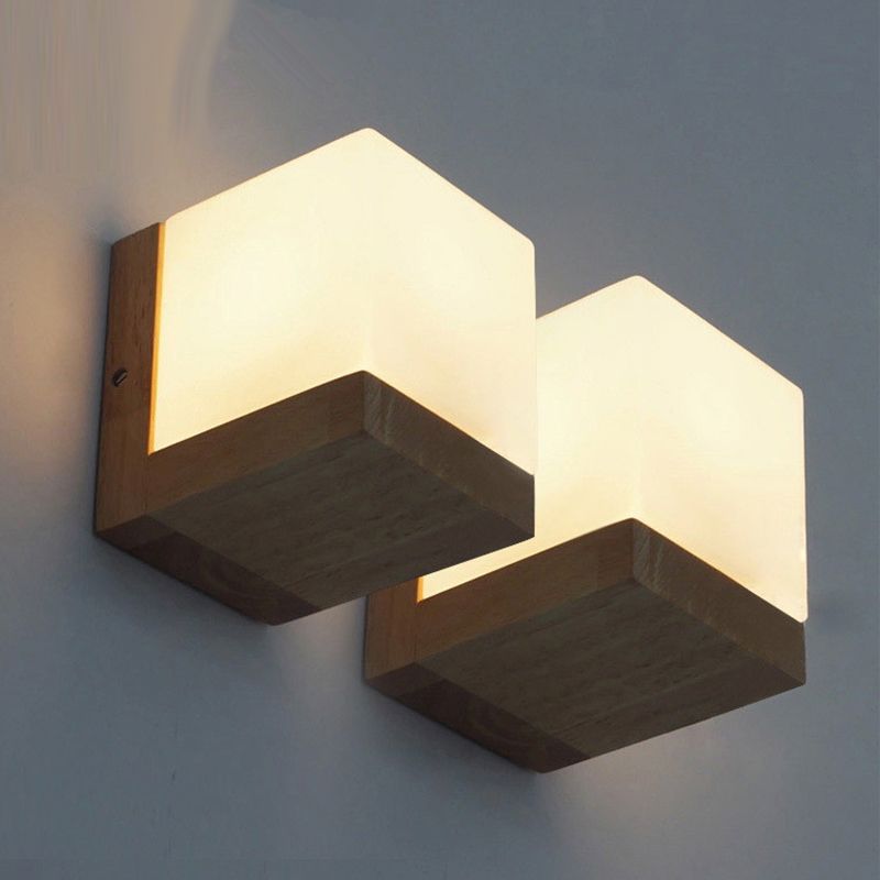 Nordic Wood Wall Light Cube Shape 5.5" Wide Wall Sconce with Glass for Bedroom