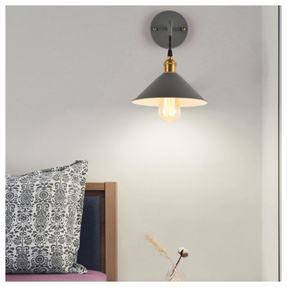 1-Lights Macaroon Style Simplicity Wall Lamp Metal Cone Shade Bedroom Sconce Light with Brass Rotary Switch