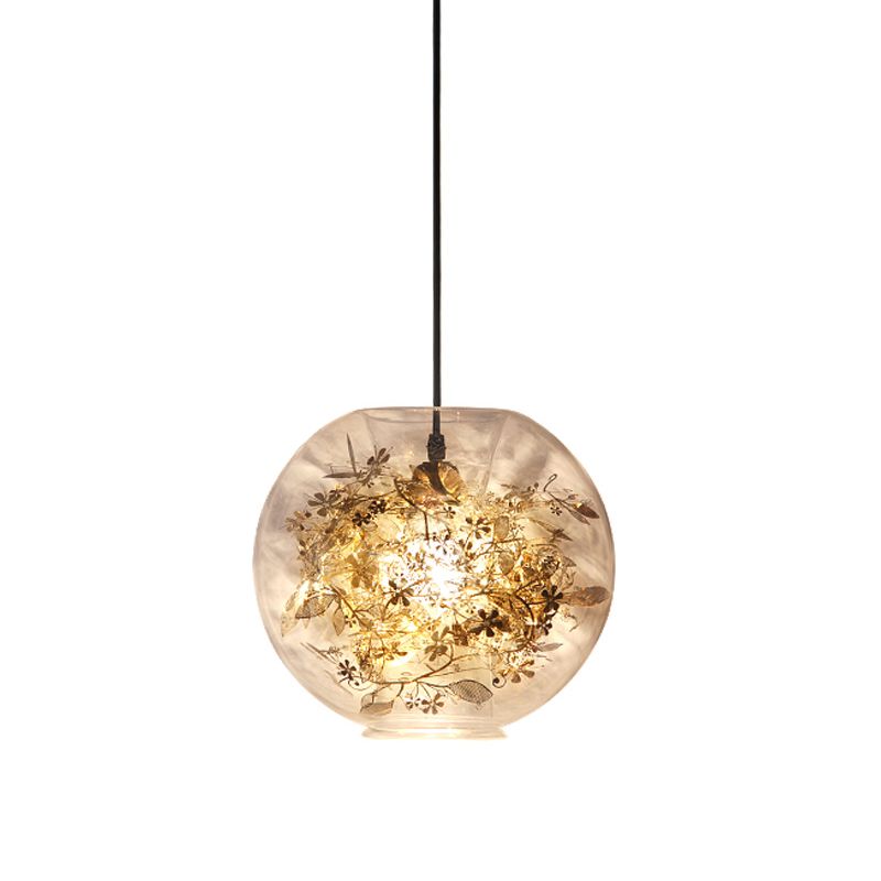 Sphere Pendant Lighting Modern Clear Glass 1 Head Gold Suspension Lamp with Inner Shattered Leaves Detail