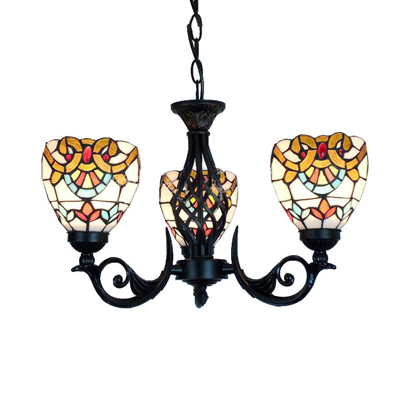 3 Lights Bowl Chandelier Lighting Stained Glass Baroque Hanging Light in Black for Living Room