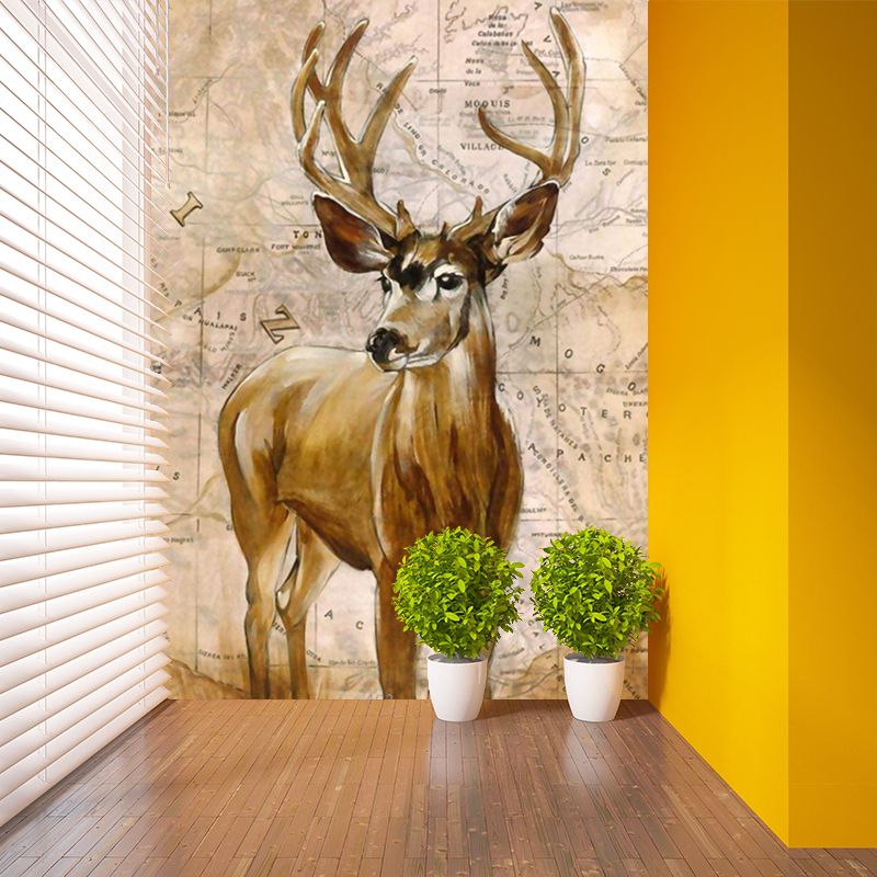 Scandinavian World Map Stag Mural Decal Brown Bedroom Wall Covering, Custom Size
