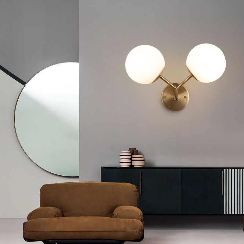 Living Room Wall Lamp Modern Style Brass Wall Sconce with White Glass Ball Shade