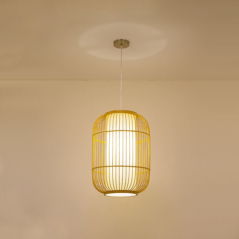 Beige Elongated Oval/Barrel Drop Pendant Asian 1-Light Bamboo Ceiling Hanging Lantern, 16"/19.5"/31.5" Height
