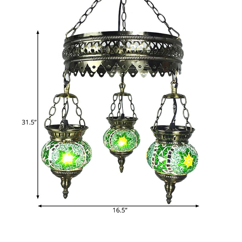 Stained Art Glass Oval Chandelier Lighting Traditional 3 Heads Bedroom Ceiling Chandelier in Yellow/Orange/Blue