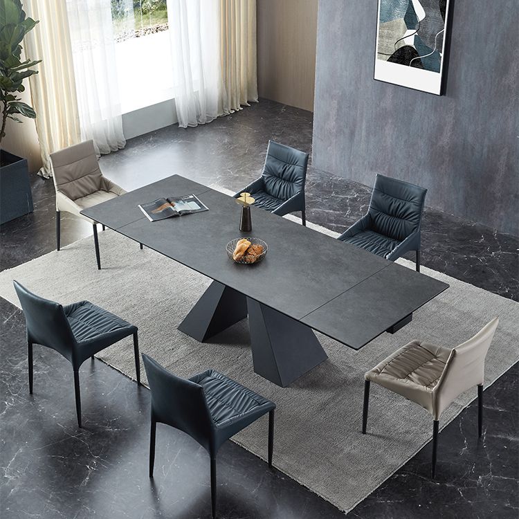 Industrial Sintered Stone Dining Table Rectangle Black Table with Pedestal Base