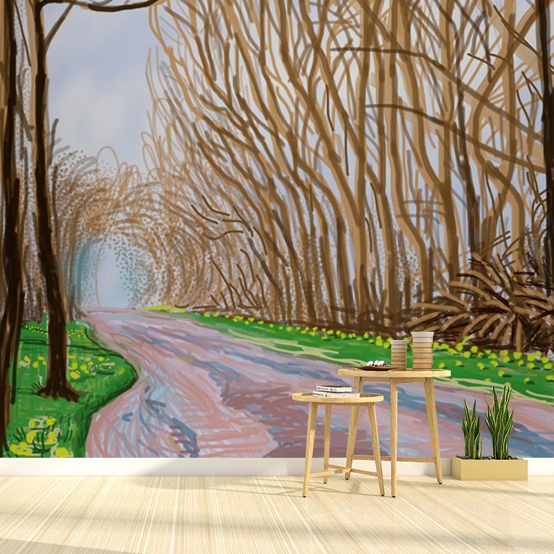 Brown Roadside Leafless Trees Mural Waterproof Artistic Living Room Wall Decoration