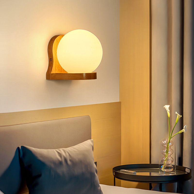 Nordic Wood Wall Light Globe 5.5" Wide Wall Sconce with White Glass for Bedroom