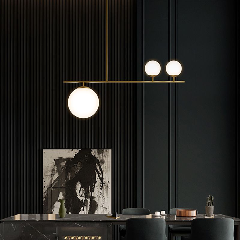 Brass Ball Pendant Light Minimalistic 3-Light Opal Glass Island Lighting for Dining Room