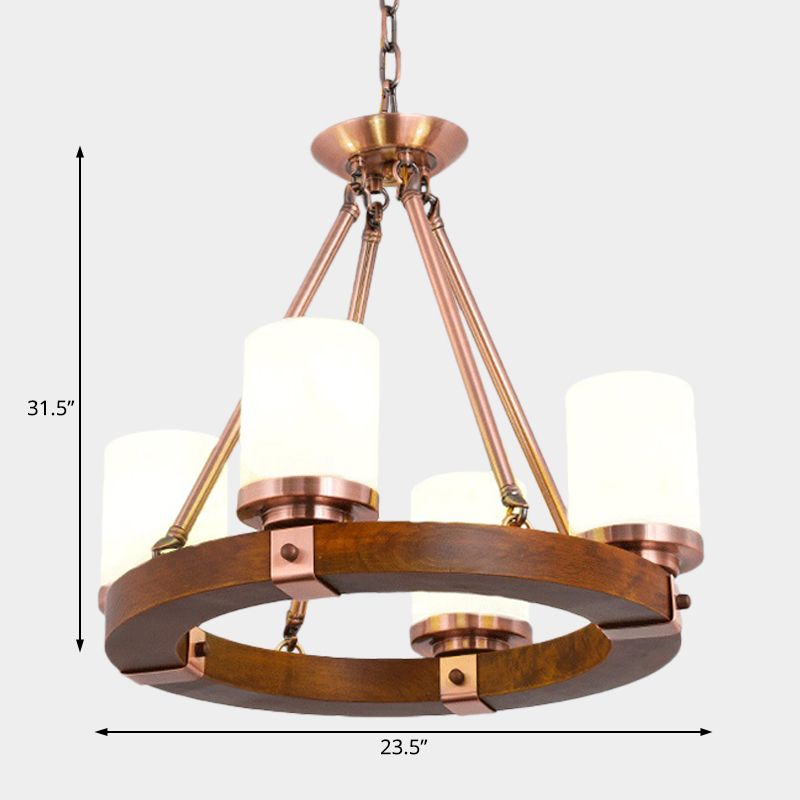 Cylinder Bedroom Chandelier Light Fixture Rustic White Glass 4/6 Lights Copper Ceiling Light