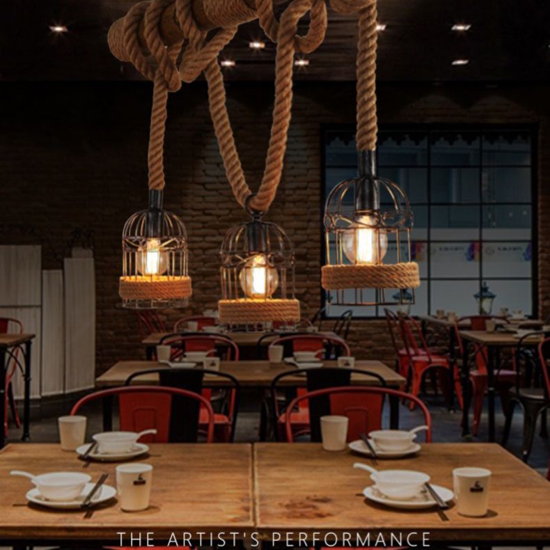 Rope Cage Shade Island Light Fixture Retro Style Restaurant Chandelier Light Fixture in Beige