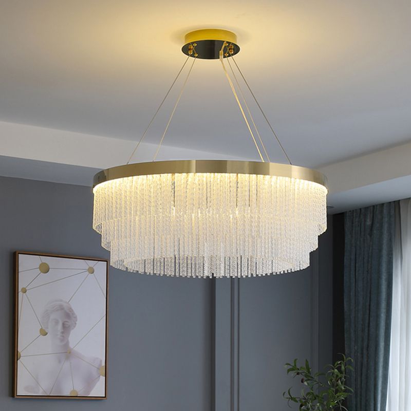 Prismatic Crystal Glass Tiered Chandelier Minimalist Gold LED Pendant Lighting Fixture