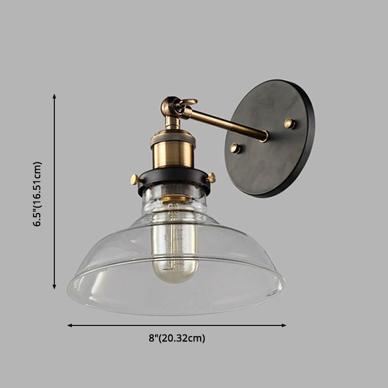 Industrial 1 Light Wall Sconce Aged Brass Arm Wall lighting in Pure Glass Barn Shade