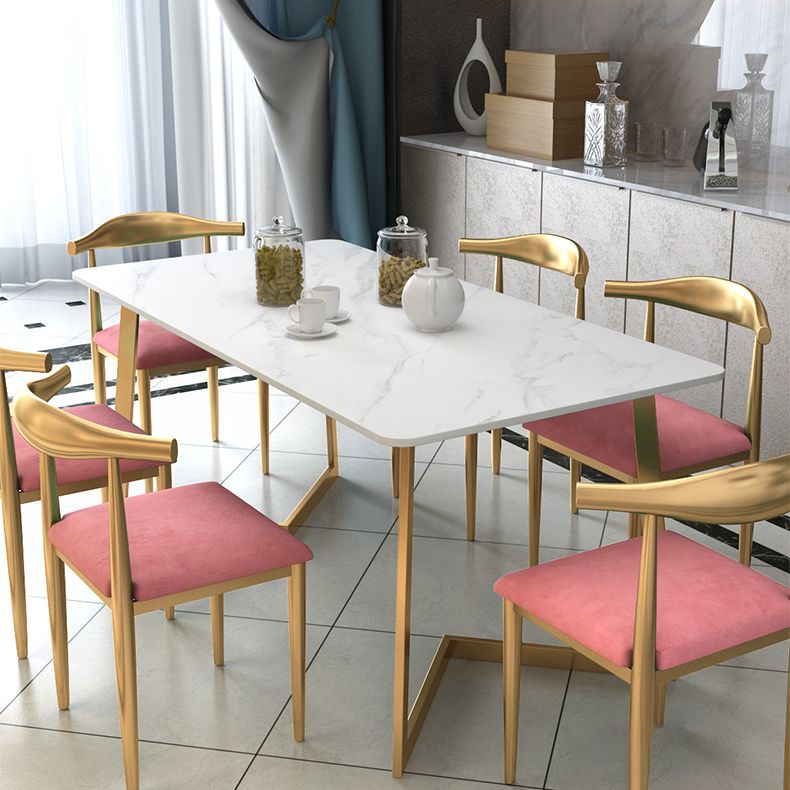 Glam White and Gold Dinette Set 1/2/5/7 Pieces Rectangle Stone Dining Table Set
