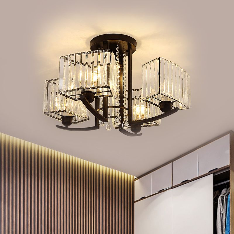 Lámpara semi empotrada cuboide negra con iluminación de techo de 5 cabezales de estilo simple con pantalla de cristal transparente