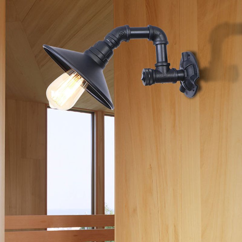Matte Black Piped Wall Mount Light with Cone Shade Industrial Metal 1 Head Corridor Wall Lighting